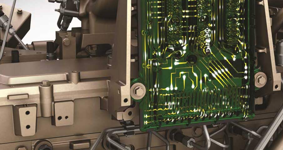 closeup of a green electronic circuit board with light illuminating the individual circuits