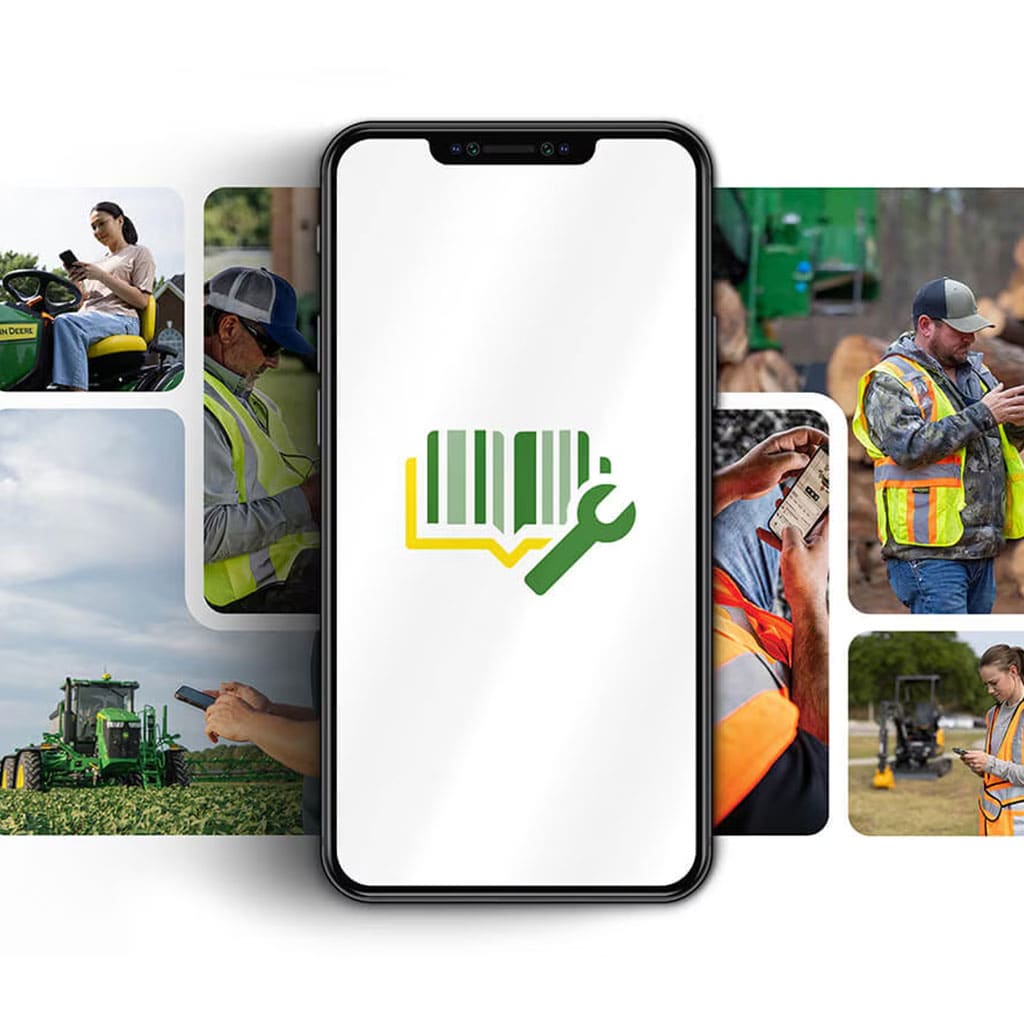 Smartphone with a barcode and wrench icon shown alongside photos of people using mobile tools and equipment outdoors.