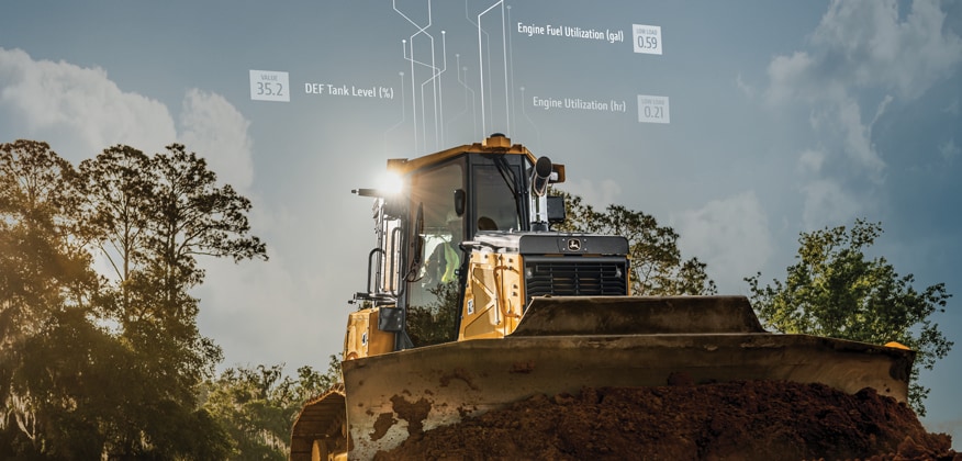 A motor grader in a field highlighting connected support.