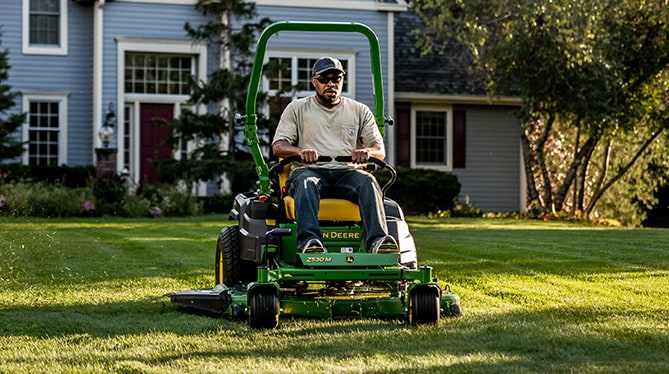 A person riding on a ztrak mower mowing the grass