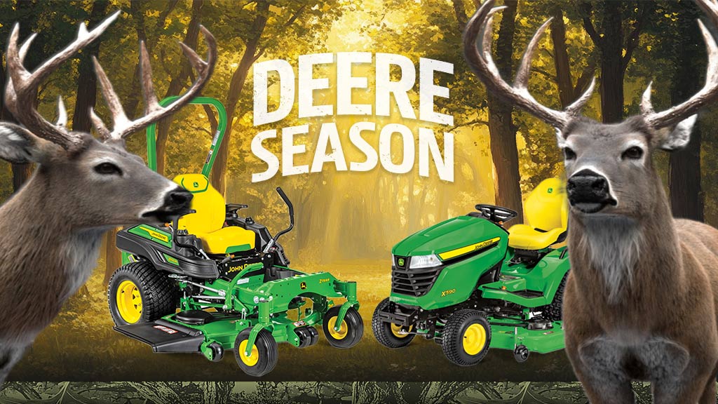 Two deer next to a Z545R ZTrak Zero-Turn Mower and a X590 Lawn Tractor with the Deere Season logo above the machines.