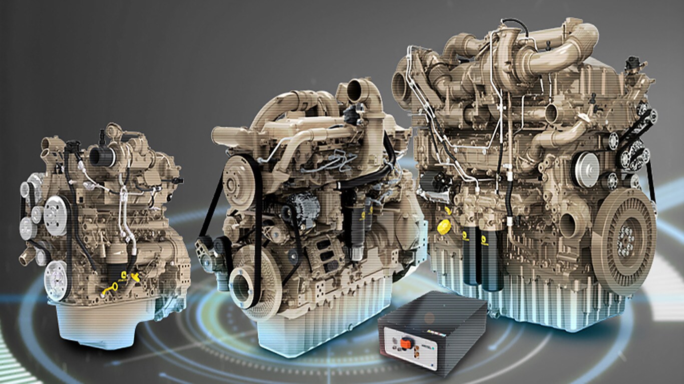 John Deere JD4 engine, JD14 engine, JD18 engine, and Kreisel battery on gray background with a radiating blue circle design treatment