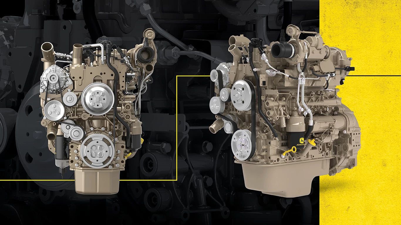 A side view and angled view of John Deere JD4 industrial engine with a black and yellow background