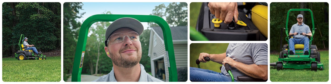 Montage of person mowing grass with a Z530M Zero-Turn Lawn¬mower. Person turns an ignition key and controls the mower's levers.