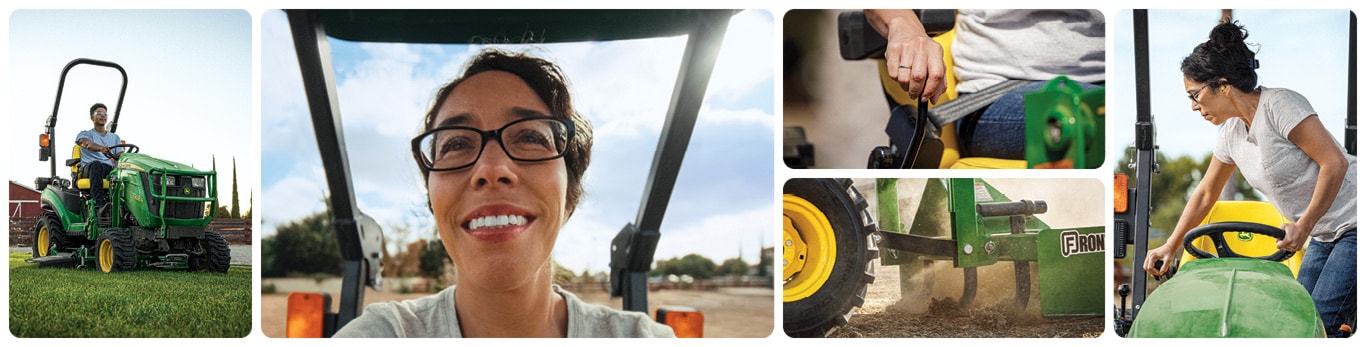 Montage of two people using a 1 Series Sub-Compact Tractor for work on their land.