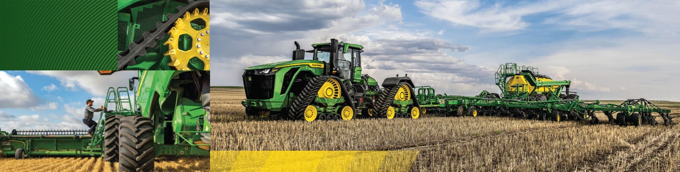 Collage of John Deere tractor air seeding in a field and farmer entering combine.