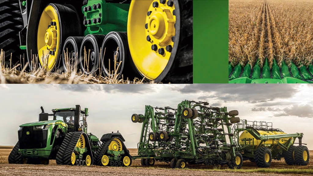 John&nbsp;Deere tractor pulling a Air Hoe Drill and C-Series seeding cart. Detail photo of John&nbsp;Deere tracks and in-cab view of corn crop being harvested.