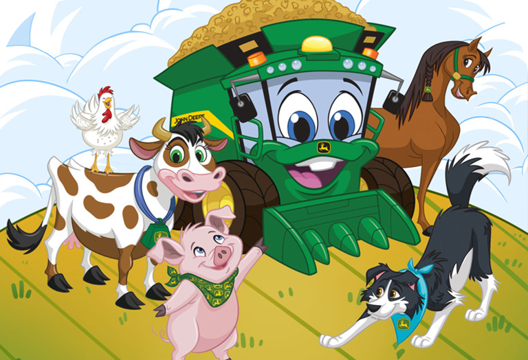 The cover of an activity book featuring three John Deere characters