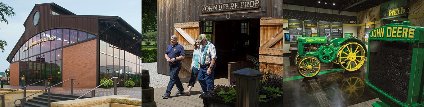 A composite of three images showing the exterior of the John Deere Pavilion, three people walking out of the John Deere Blacksmith building, older model tractors display at the John Deere Tractor and Engine Museum