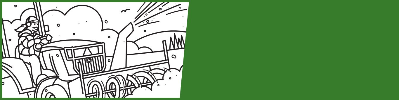 Coloring book page showing a woman clearing snow with a John Deere tractor