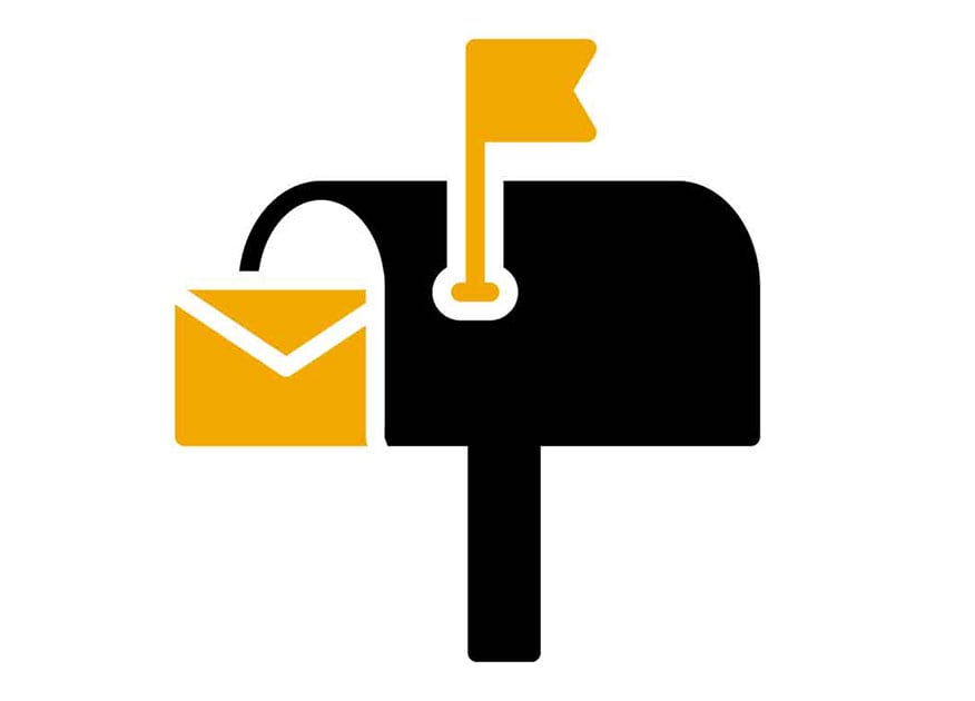 Graphic of a black mailbox with a yellow flag sticking up and a yellow envelope sticking out