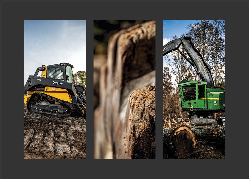 Three pictures side by side: construction equipment sitting on top of pile of dirt, close up of tires, forestry equipment picking up trees 