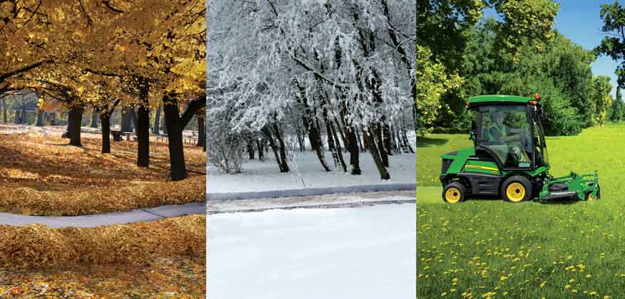 Man with a reflective yellow vest operating a John Deere 1575 TerrainCut Front Mower through a composite of fall, winter, and summer