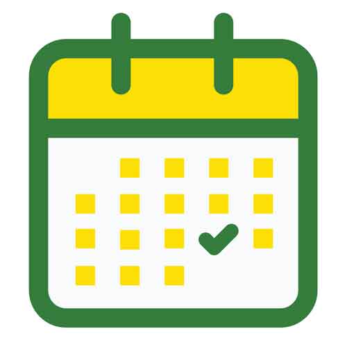 Green and yellow icon of a calendar with a green checkmark