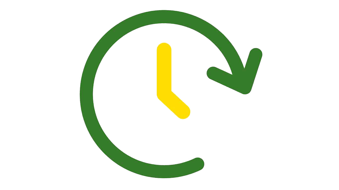 Professional landscaper on John Deere riding mower Green and yellow icon of a clock with an arrow