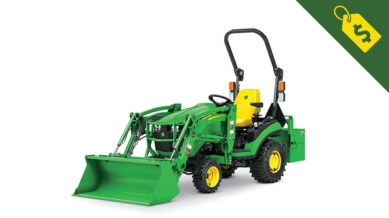 Studio image of a John Deere 1025R Sub-Compact Tractor with attachments and a sales tag icon with a dollar sign on it