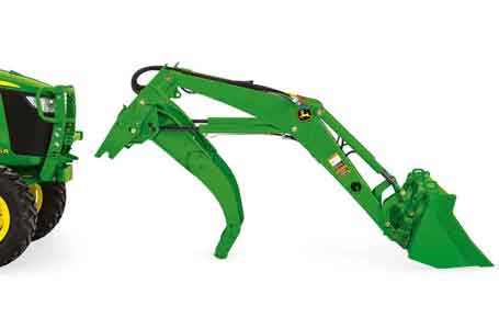 Studio image of a bucket attachment connecting to a John Deere Compact Tractor