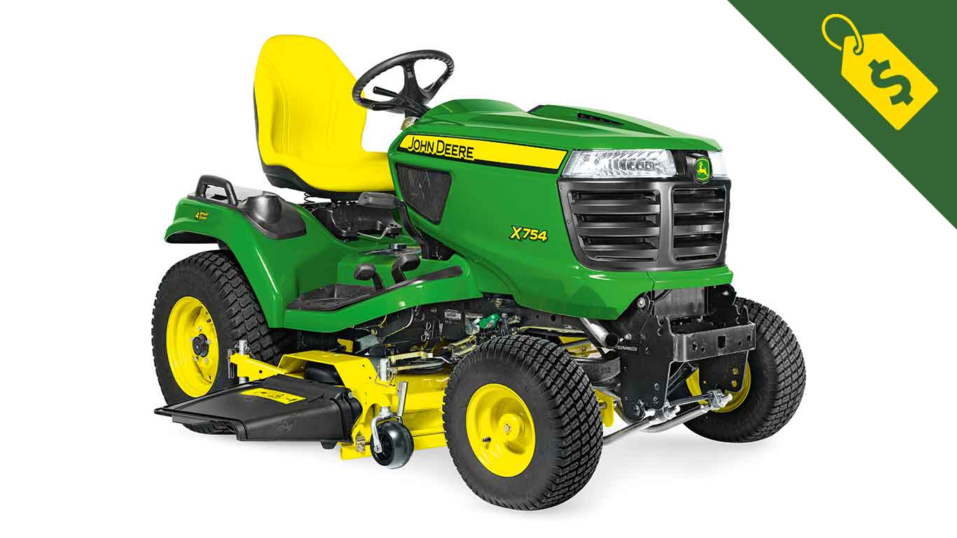 Studio image of a John Deere X754 Signature Series Lawn Tractor with a tag icon with a dollar sign in the corner