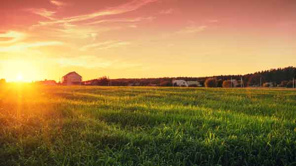 Rural landscape with beautiful gradient evening sky at sunset. Green field and village on horizon