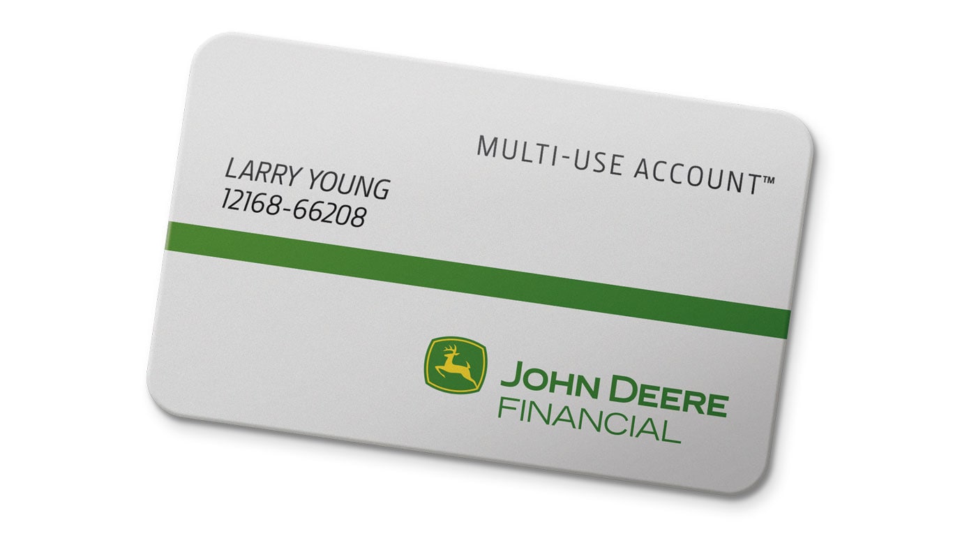 Financial product card with a green stripe and the John Deere Financial logo