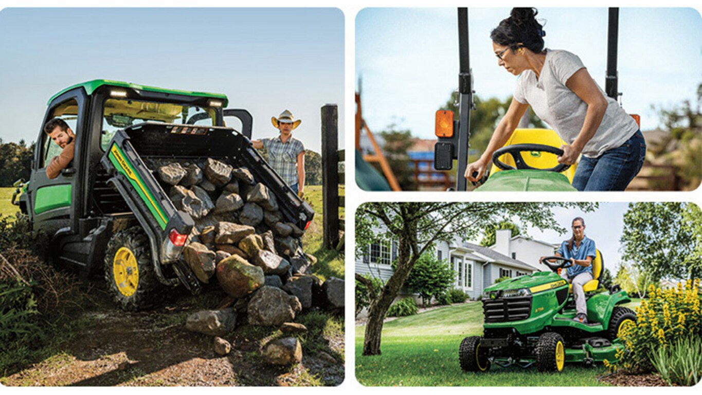 A collage of people using and operating John Deere Gator Utility Vehicles and Riding Lawn Equipment.