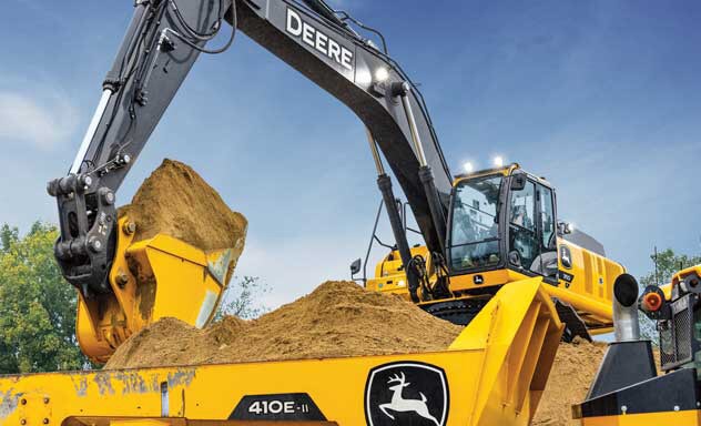 350 P-Tier Excavator loads a 410E-II Dump Truck