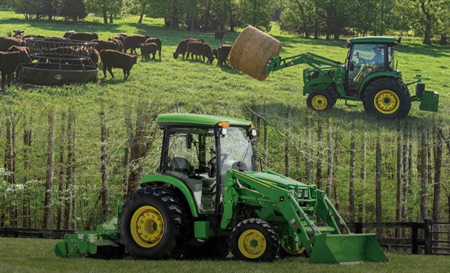 Collage of 4075R transporting a hay with bale spears and outdoor with 400E loader and Frontier rotary tiller.