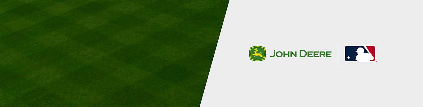 Banner with half a baseball field grass and the other half with the John Deere and Major League Baseball logo against a white background.