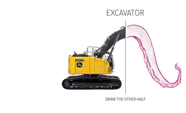 One half image of an excavator with boom arm replaced with child-drawn octopus tentacle.