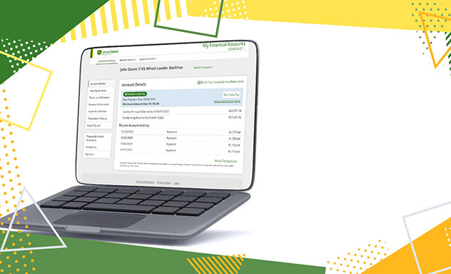 Abstract green and yellow geometrical boarder with an open laptop on the My Financial Accounts web page