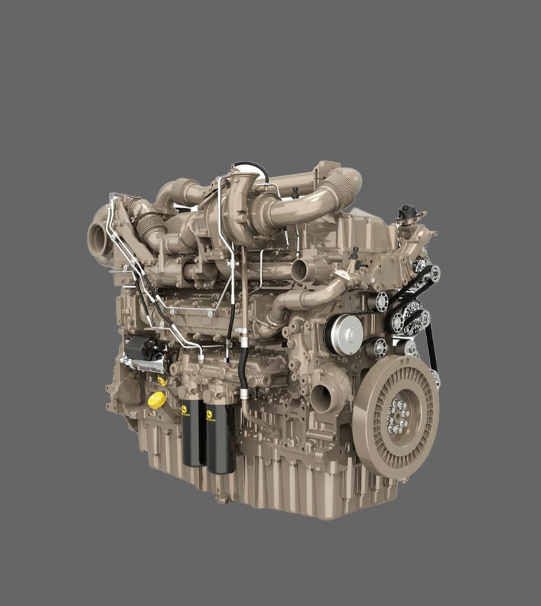Brown engine with silver, black and yellow engine parts, belts, pipes and circular shapes on it.