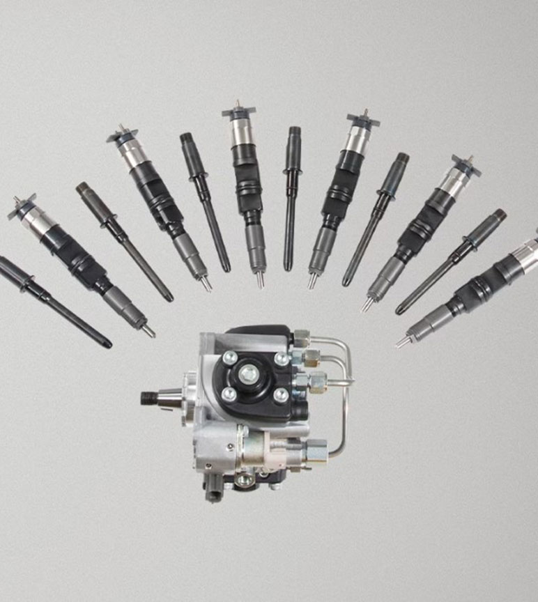 Injection pump with injectors placed above it in a half circle.