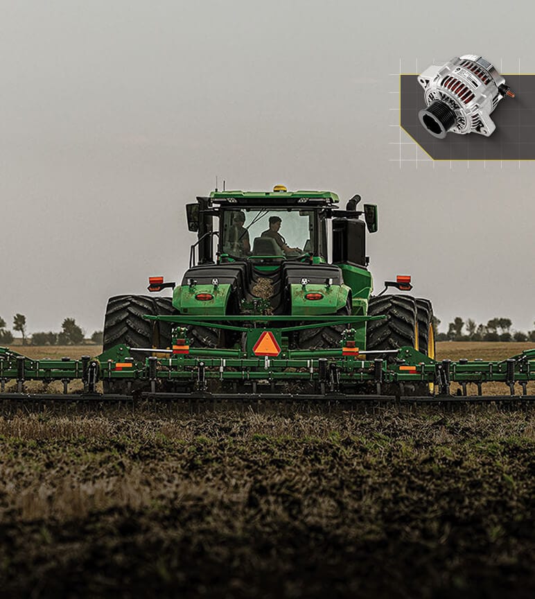 John Deere tractor pulling a wide tillage implement in a field, with a small inset image of an alternator.