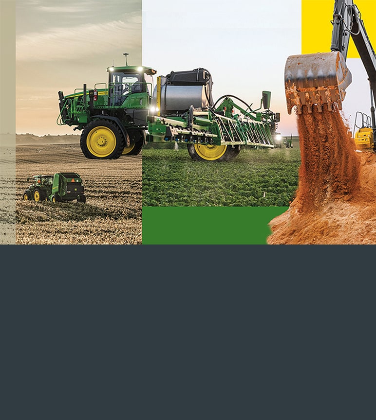 A collage of tractors, sprayers, and excavator in various forms of operation.