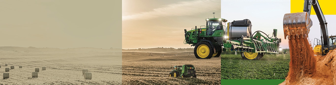 A collage of tractors, sprayers, and excavator in various forms of operation.