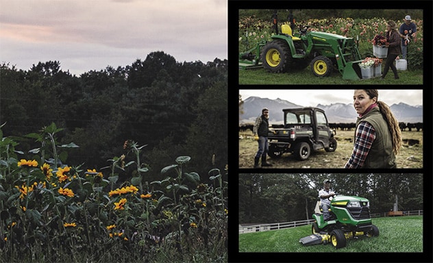 Photo montage of customers using their John Deere equipment in every day life