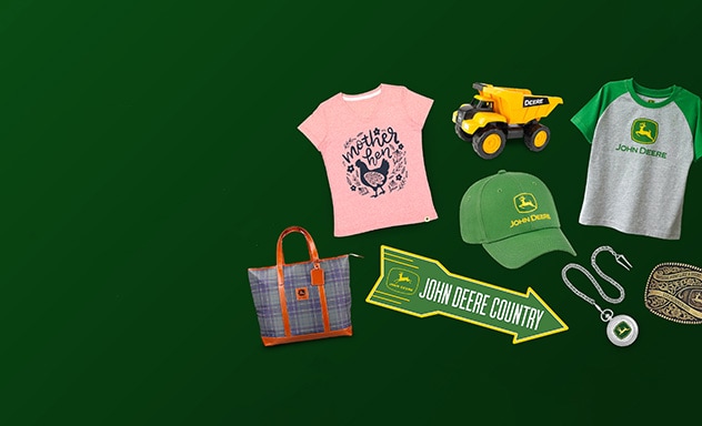 Various John Deere merchandise such as tshirts, hat, toys, etc. on a green graphic background.