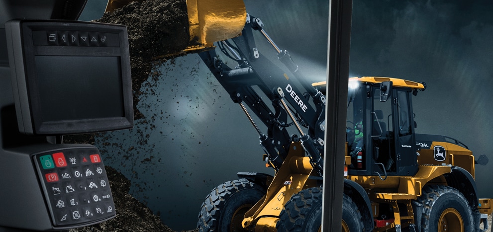 Rendered image of a 524L mid-size wheel loader with high lift dumping a load of dirt
