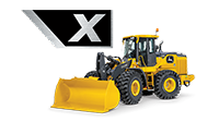 Side view of a 644 X-Tier Wheel Loader on a white background with the X icon from the machine shown large above it