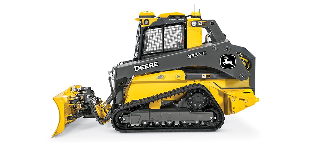 Side view of a John Deere 333G Compact Track Loader with a six-way SG96 Dozer Blade attachment on a white background