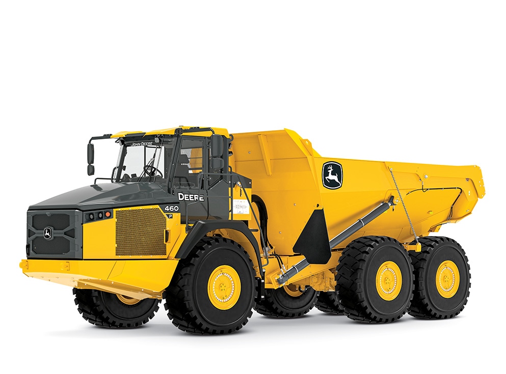 John Deere dump truck on a white background