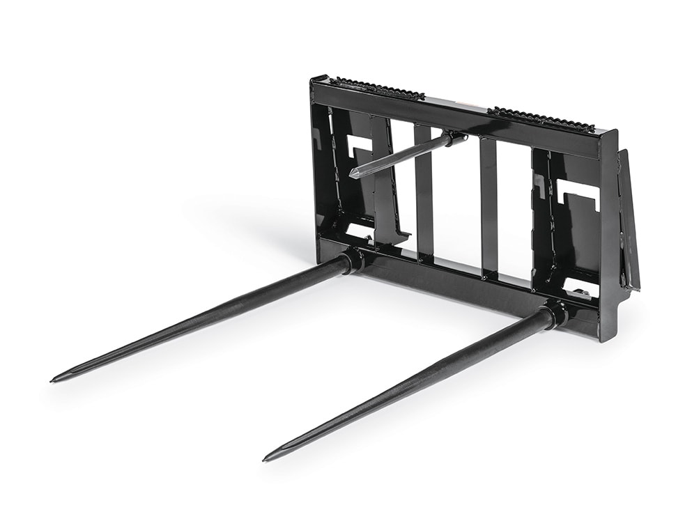 John Deere bale spear attachment on a white background