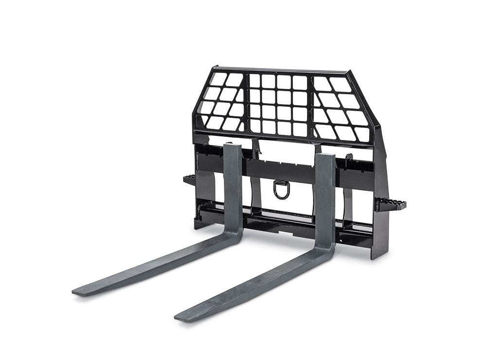 John Deere heavy-duty pallet forks attachment on a white background