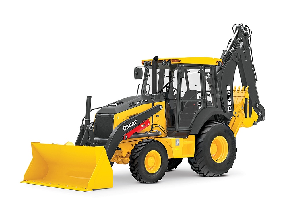 John Deere backhoe on a white background