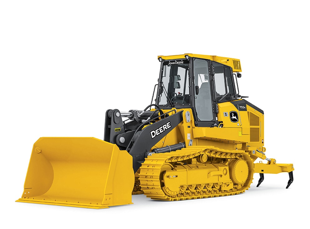 John Deere crawler loader on a white background