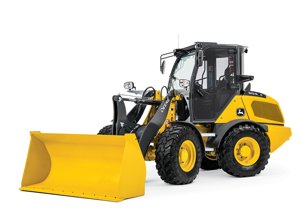 John Deere compact wheel loader on a white background