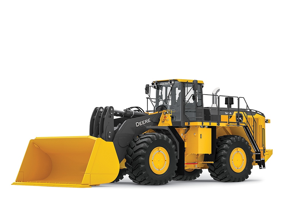 John Deere large wheel loader on a white background