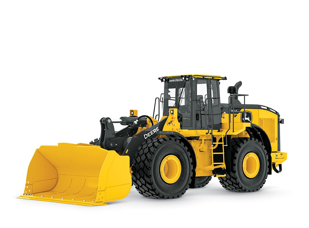 John Deere mid-size wheel loader on a white background