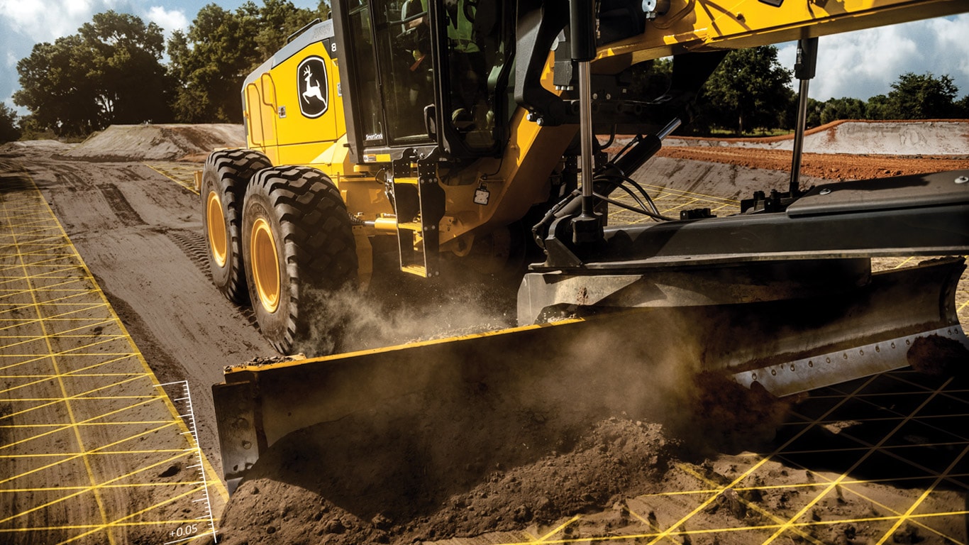 John Deere motor grader using SmartGrade to control grade/blade on job.