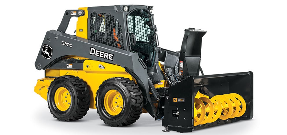 330G Skid Steer with snow blower attachment on white background